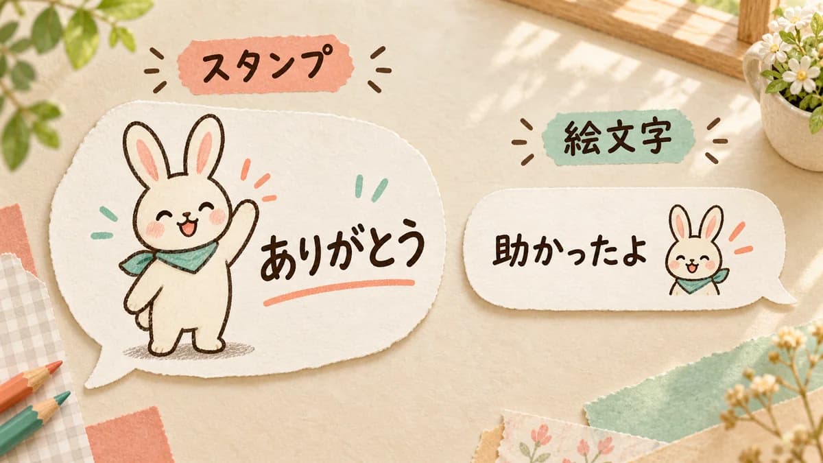Stiker bergerak besar dibandingkan dengan emoji bergerak kecil di samping teks