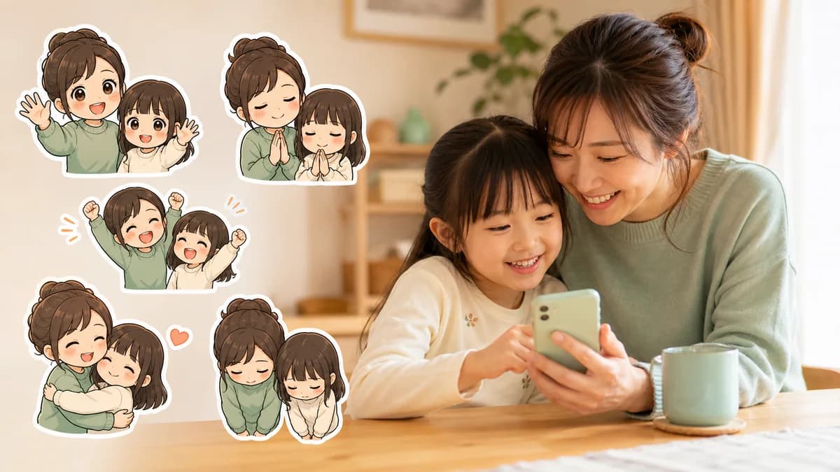 家人一起挑選適合製作 LINE 貼圖的安全照片