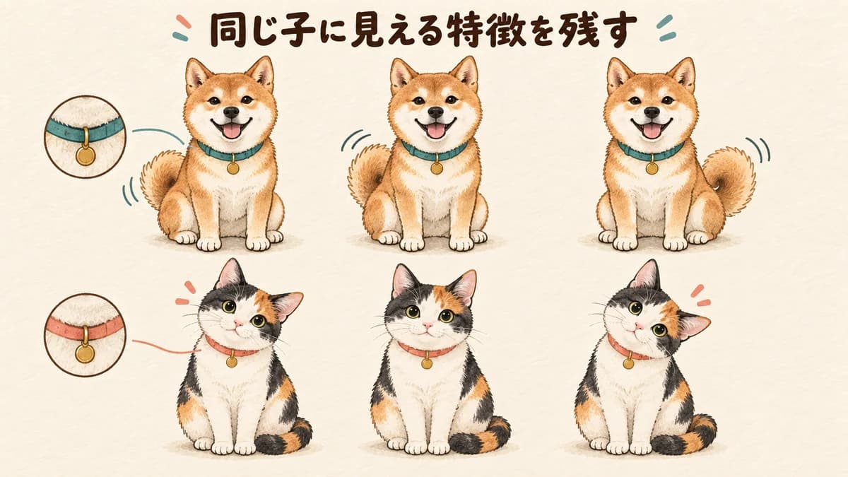 A pet's fixed markings remain stable while the ears and paw move in a short loop